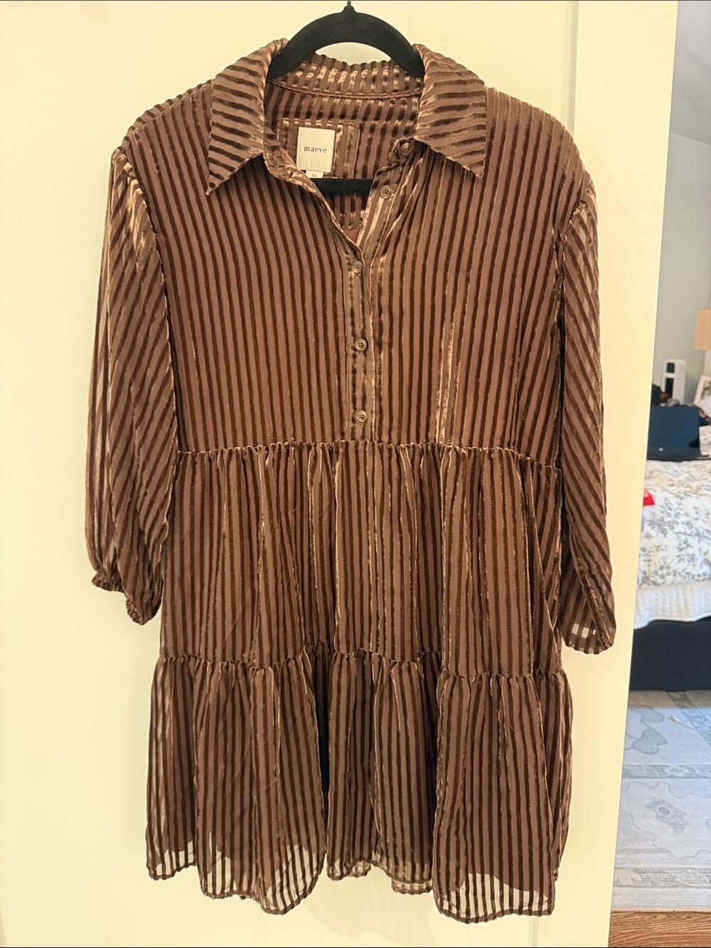 Maeve Brown Striped Velvet Tiered Shirt Dress XS
